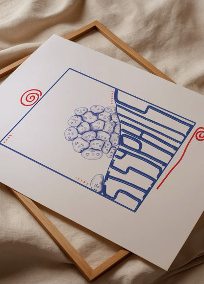 Sisyphus illustration poster featuring blue and red designs.