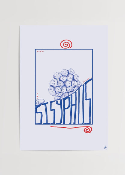 Sisyphus illustration poster featuring blue and red designs.