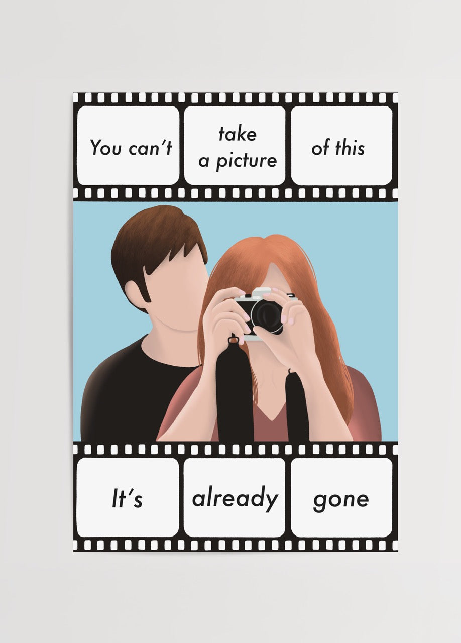 Stylish poster print featuring a couple with cameras in a cinematic style.