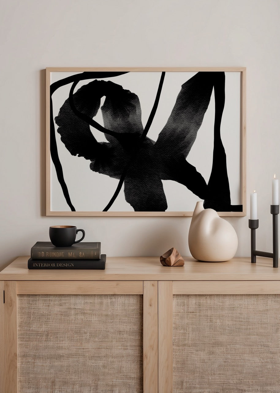 Dynamic Flow Abstract Art Print in black on white background