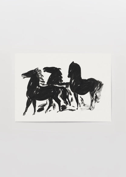 Abstract artwork of three majestic black horses in motion.