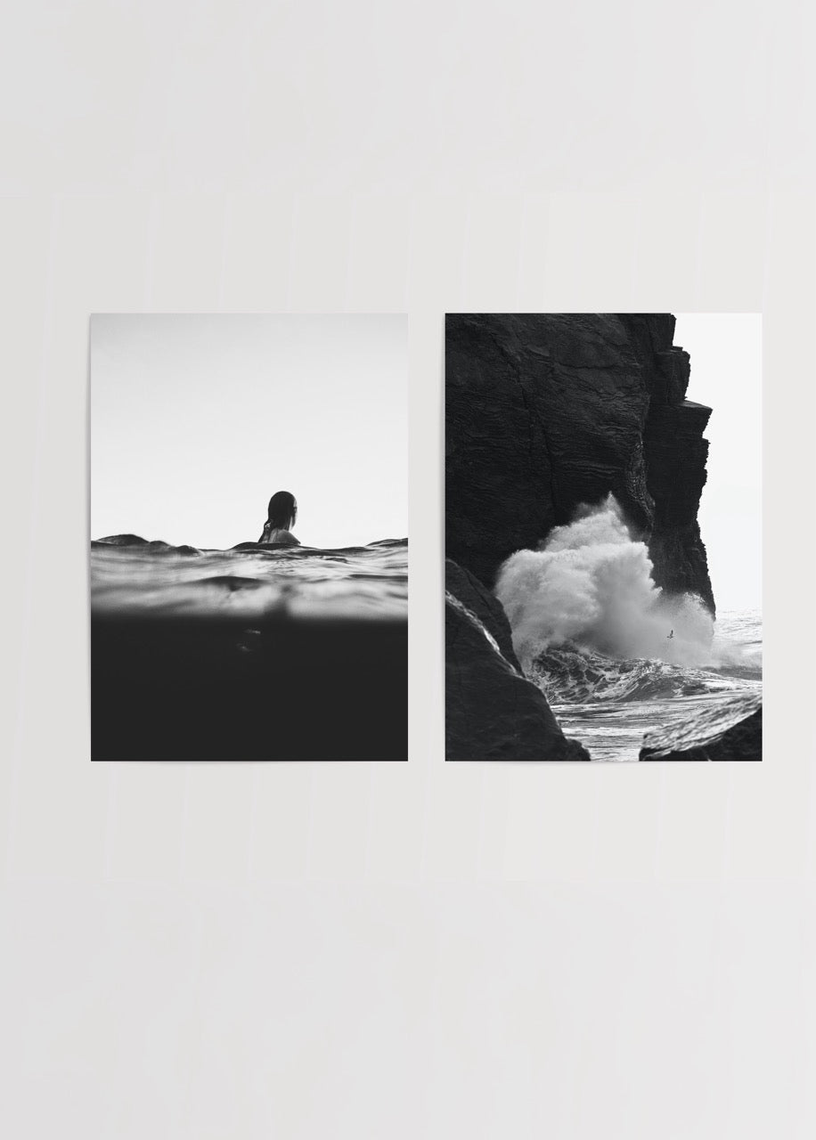 Black and white poster set depicting waves and a serene sea scene.