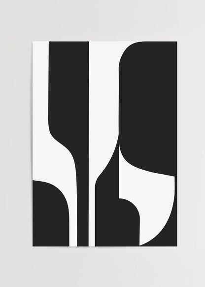 Monochrome minimalist geometric artwork featuring bold black and white shapes.