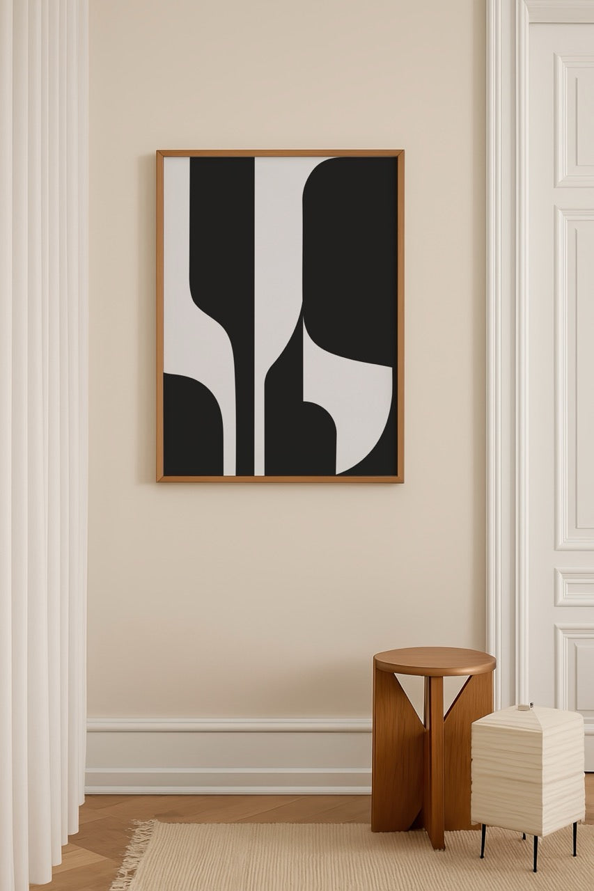 Monochrome minimalist geometric artwork featuring bold black and white shapes.