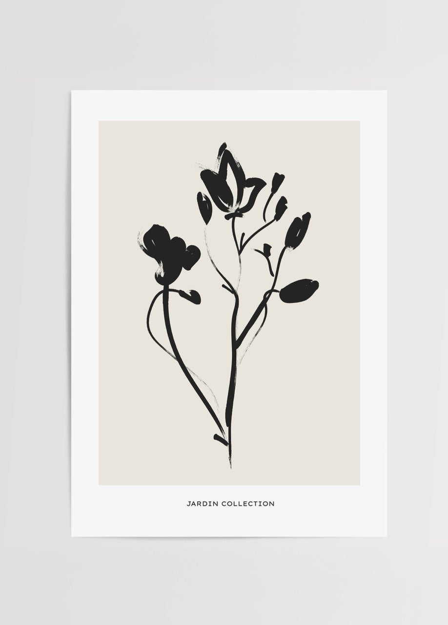 Botanical Silhouette Elegance Print featuring black flowers on beige background.
