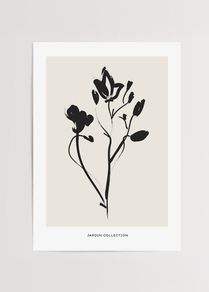 Botanical Silhouette Elegance Print featuring black flowers on beige background.