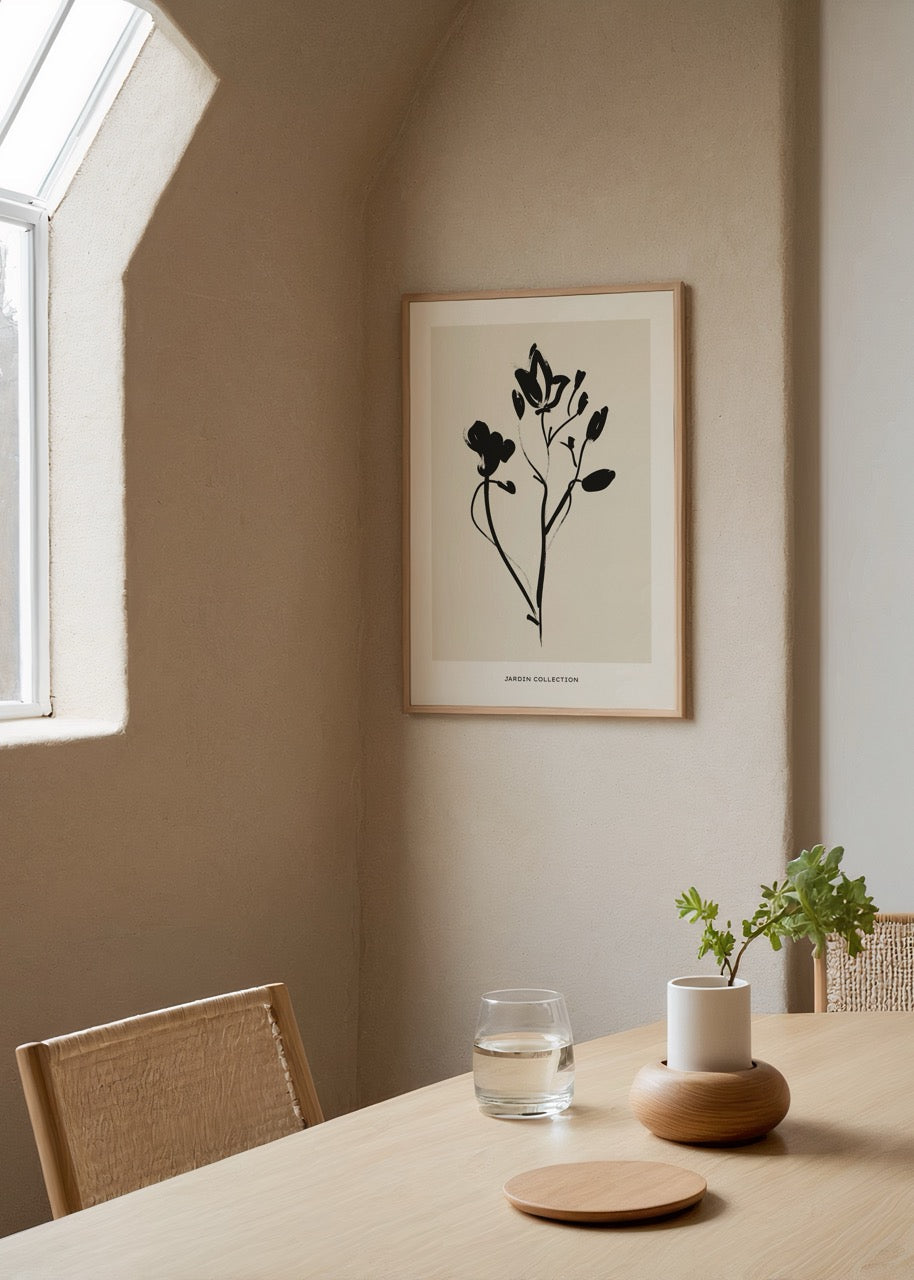 Botanical Silhouette Elegance Print featuring black flowers on beige background.