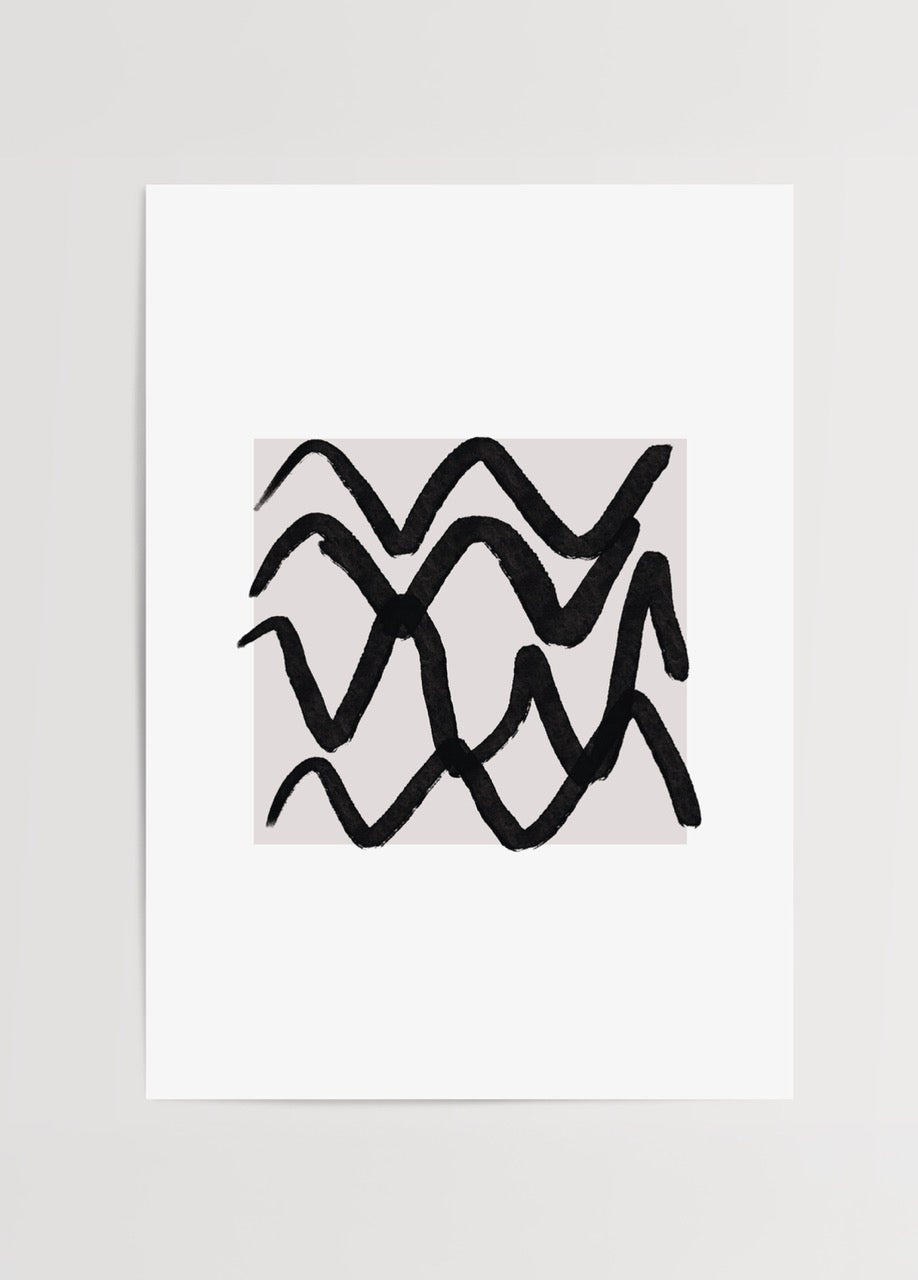 Fluid Black Wave Abstract Art Print showcasing dynamic black lines on a light background.