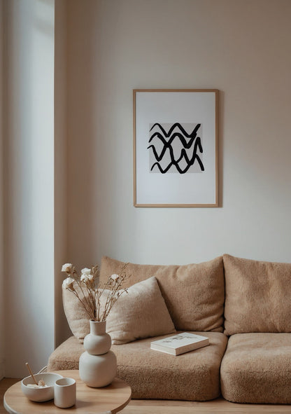 Fluid Black Wave Abstract Art Print showcasing dynamic black lines on a light background.