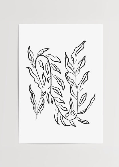 Minimalist black leaf design wall art on a white background.