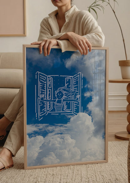 Whimsical illustration of a girl with open windows against a blue sky and clouds.