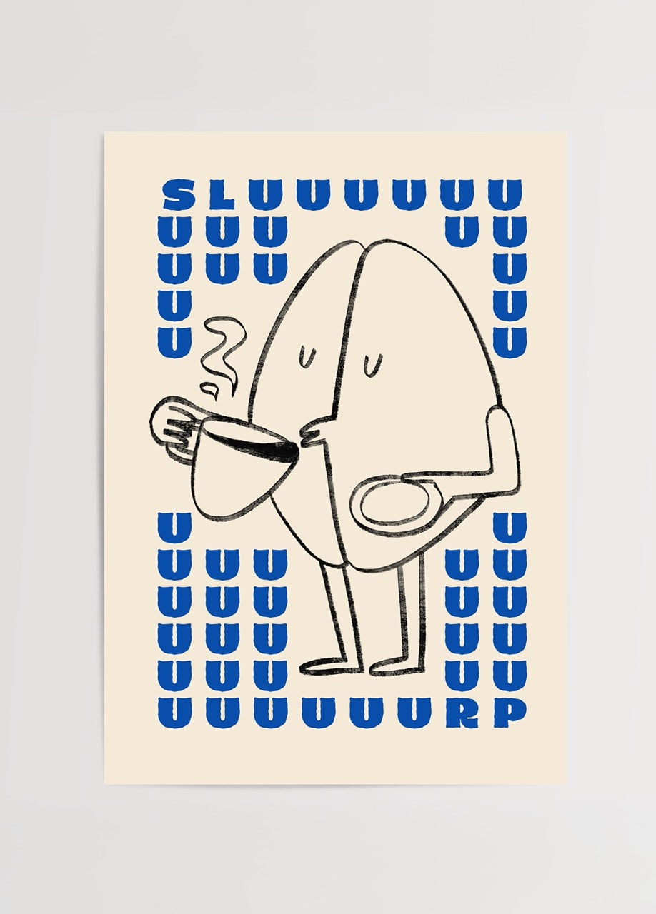 Quirky coffee character art print featuring a smiling figure with a cup in hand.