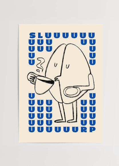 Quirky coffee character art print featuring a smiling figure with a cup in hand.