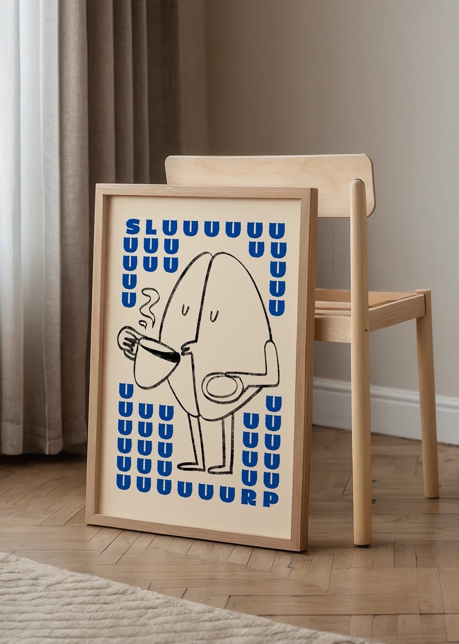 Quirky coffee character art print featuring a smiling figure with a cup in hand.