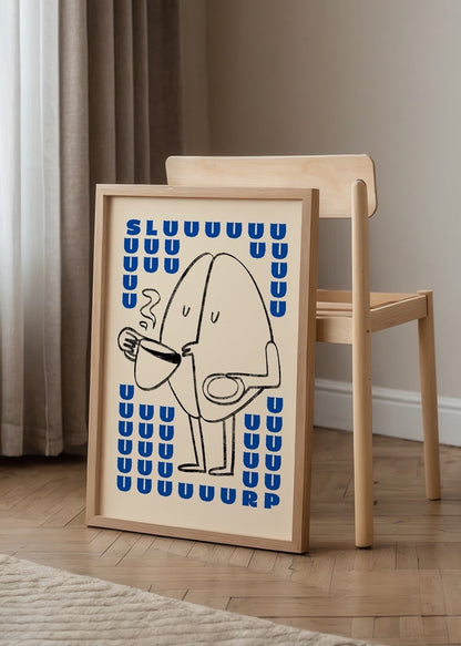 Quirky coffee character art print featuring a smiling figure with a cup in hand.