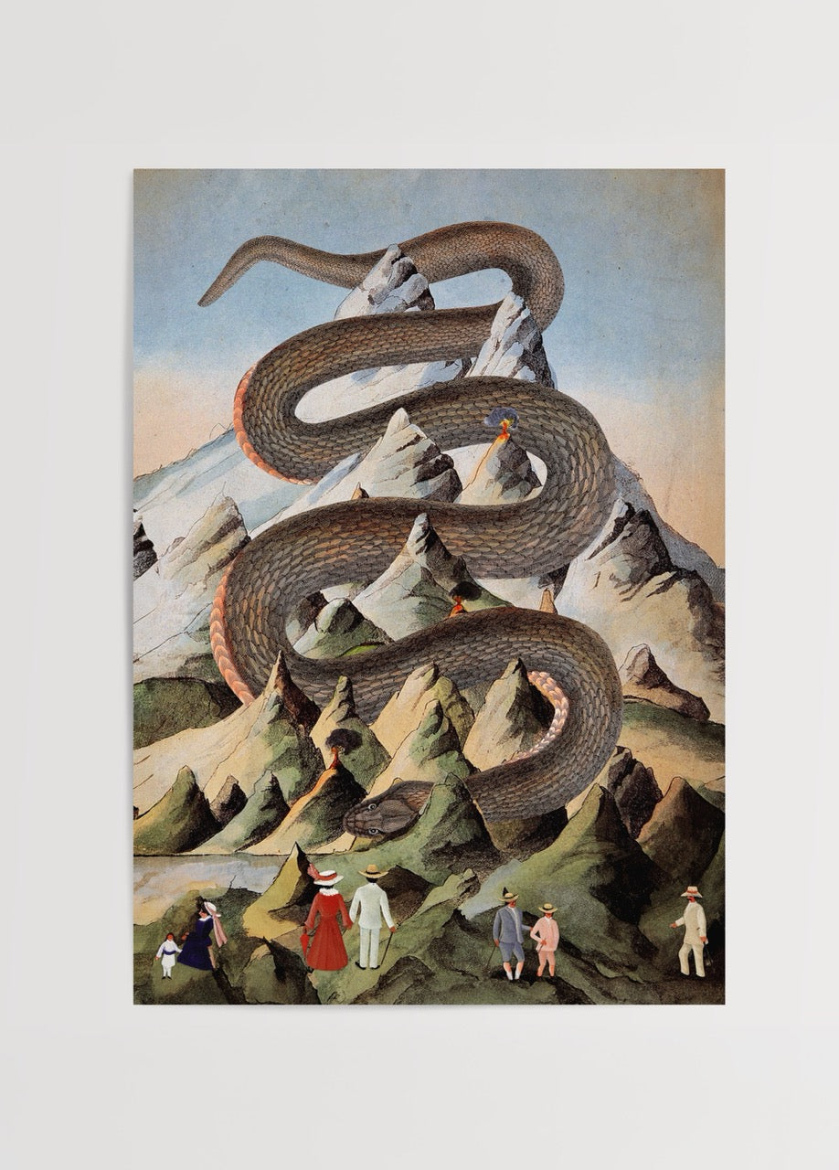 A striking illustration of a serpent winding through mountainous terrain, perfect for wall art.