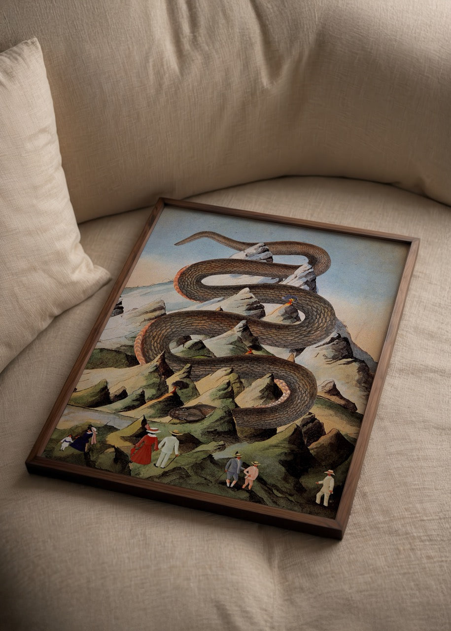 A striking illustration of a serpent winding through mountainous terrain, perfect for wall art.