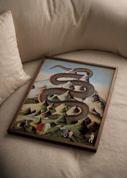 A striking illustration of a serpent winding through mountainous terrain, perfect for wall art.