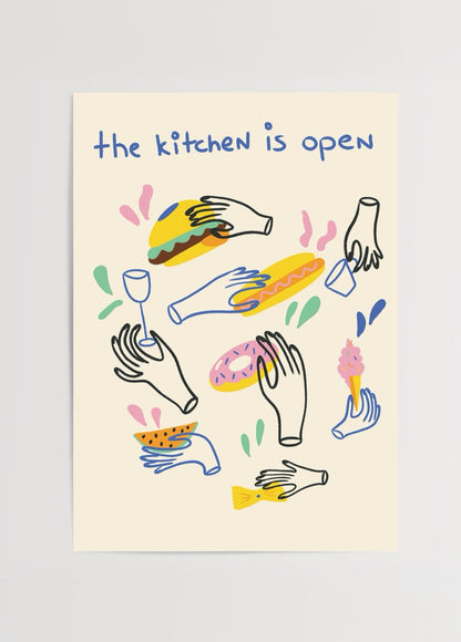 Colorful hands holding food and drinks with &
