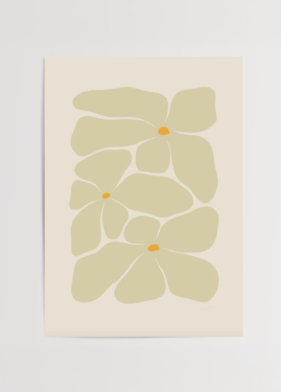 Whimsical Floral Embrace Poster Print featuring soft petals in beige and yellow.