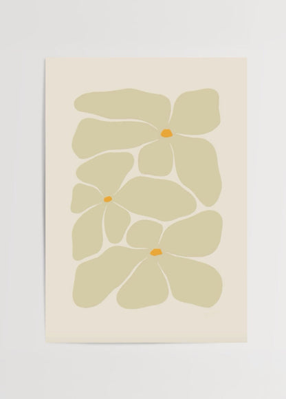 Whimsical Floral Embrace Poster Print featuring soft petals in beige and yellow.