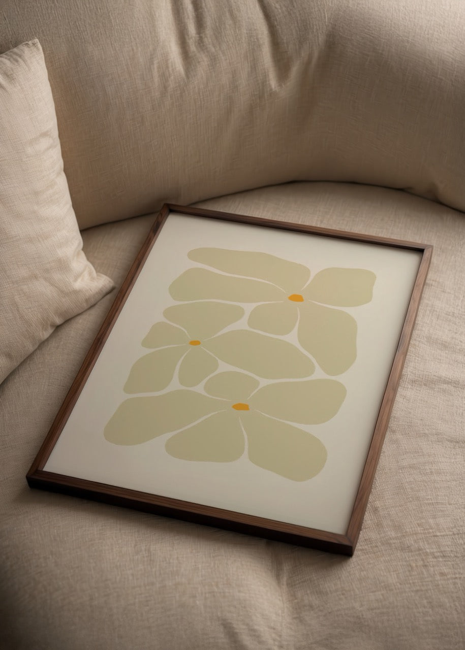 Whimsical Floral Embrace Poster Print featuring soft petals in beige and yellow.