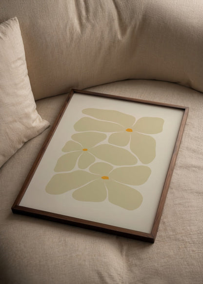 Whimsical Floral Embrace Poster Print featuring soft petals in beige and yellow.