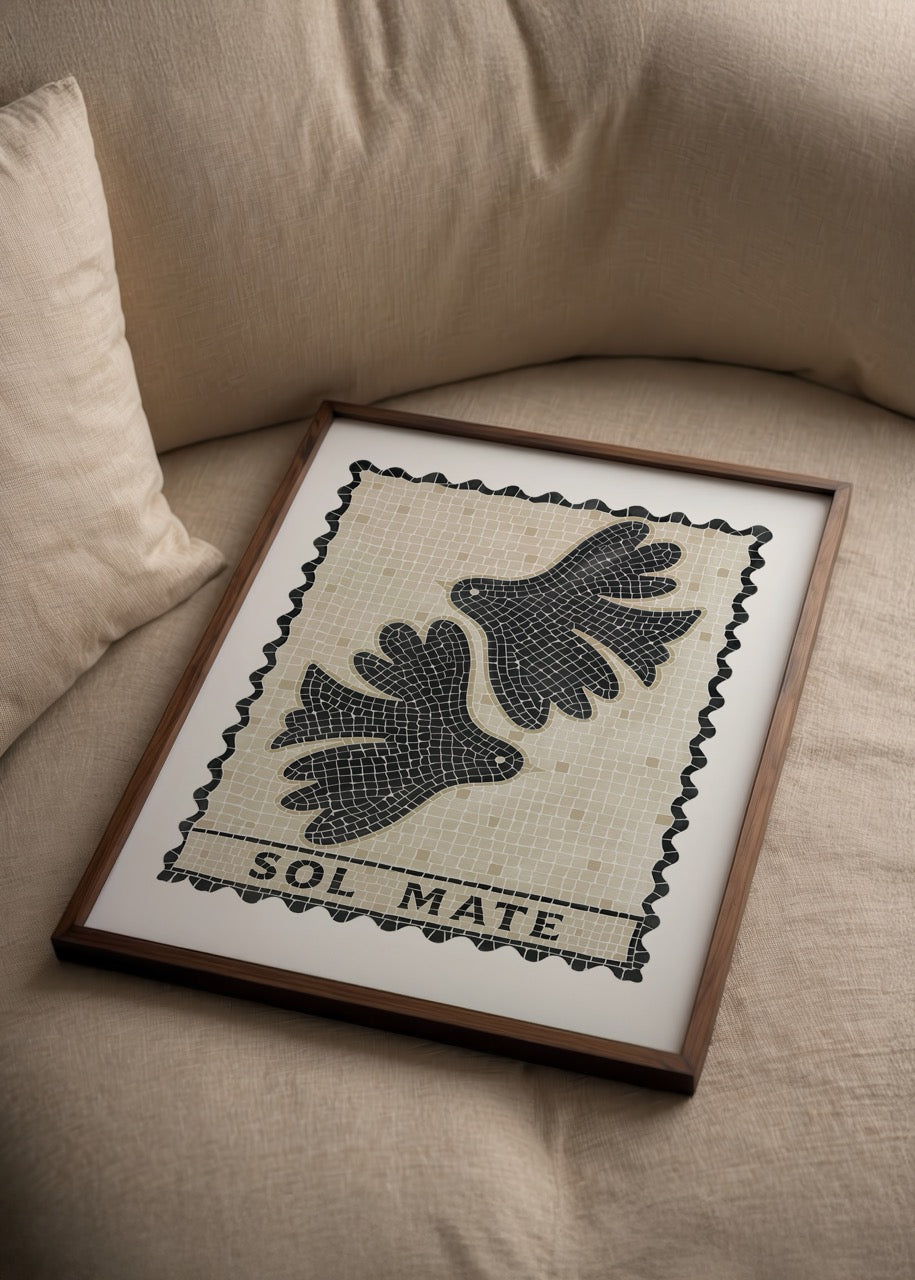 Sol Mate Poster Printing featuring a mosaic design of interlocking shapes.