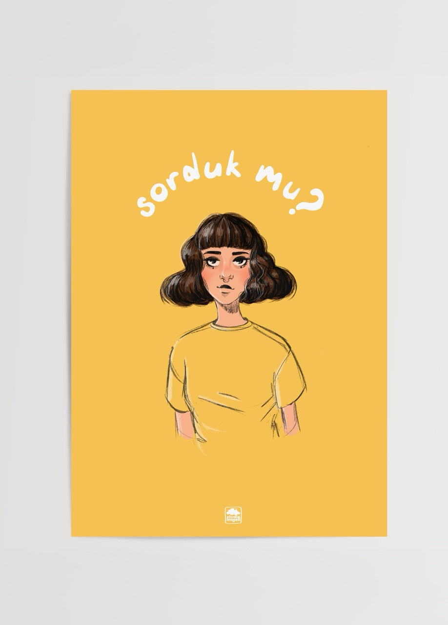 Illustrative poster print with a young girl on a vibrant yellow background.
