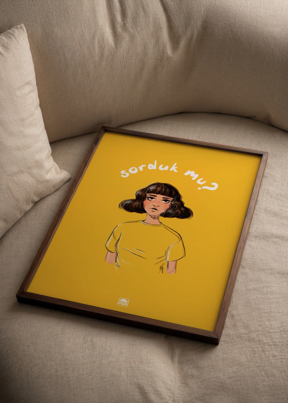 Illustrative poster print with a young girl on a vibrant yellow background.
