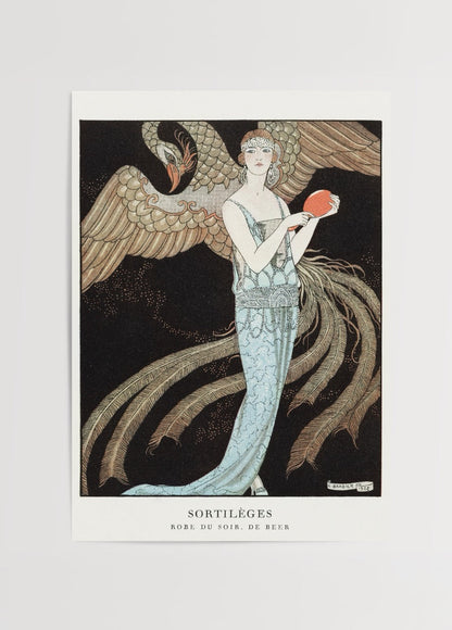 Art Deco poster featuring an elegant woman with a bird.