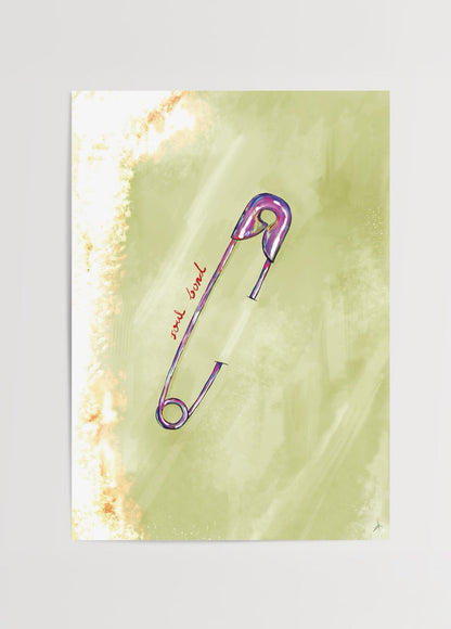 Illustration of a safety pin on a soft green background, symbolising connection.
