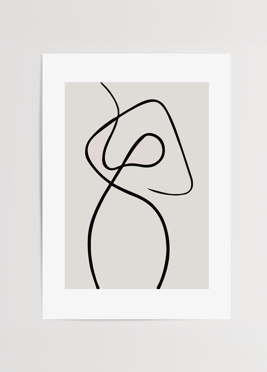Abstract line art print on beige background showcasing fluid shapes.