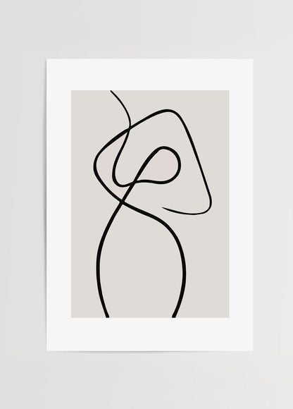 Abstract line art print on beige background showcasing fluid shapes.