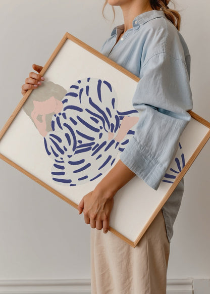 Abstract woman figure with rhythmic lines in blue and cream
