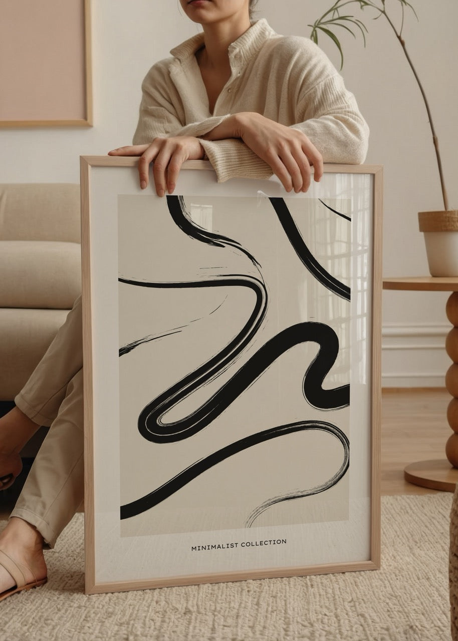Fluid lines abstract wall art in beige and black tones.