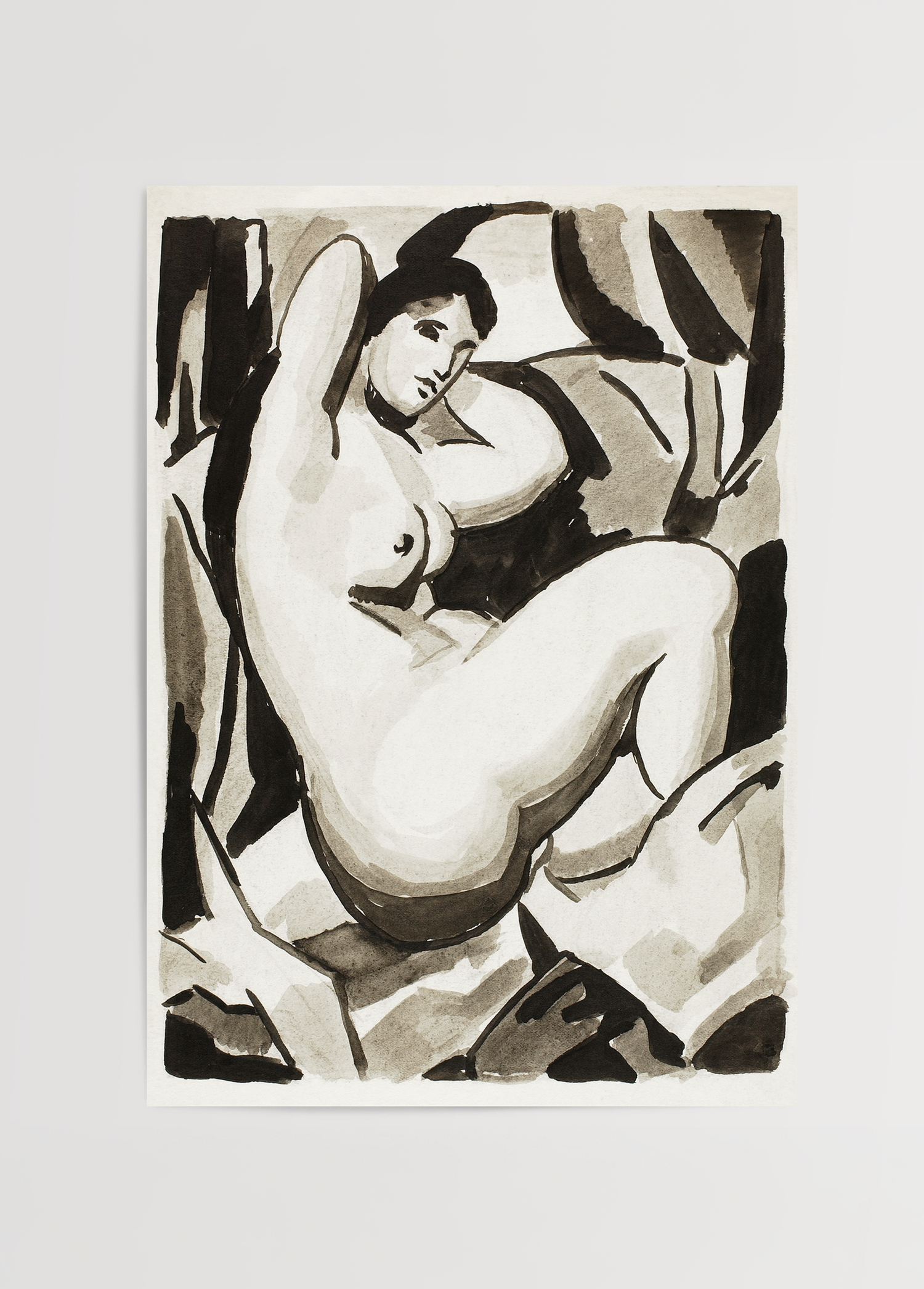An elegant abstract sketch of a female figure in monochrome tones.