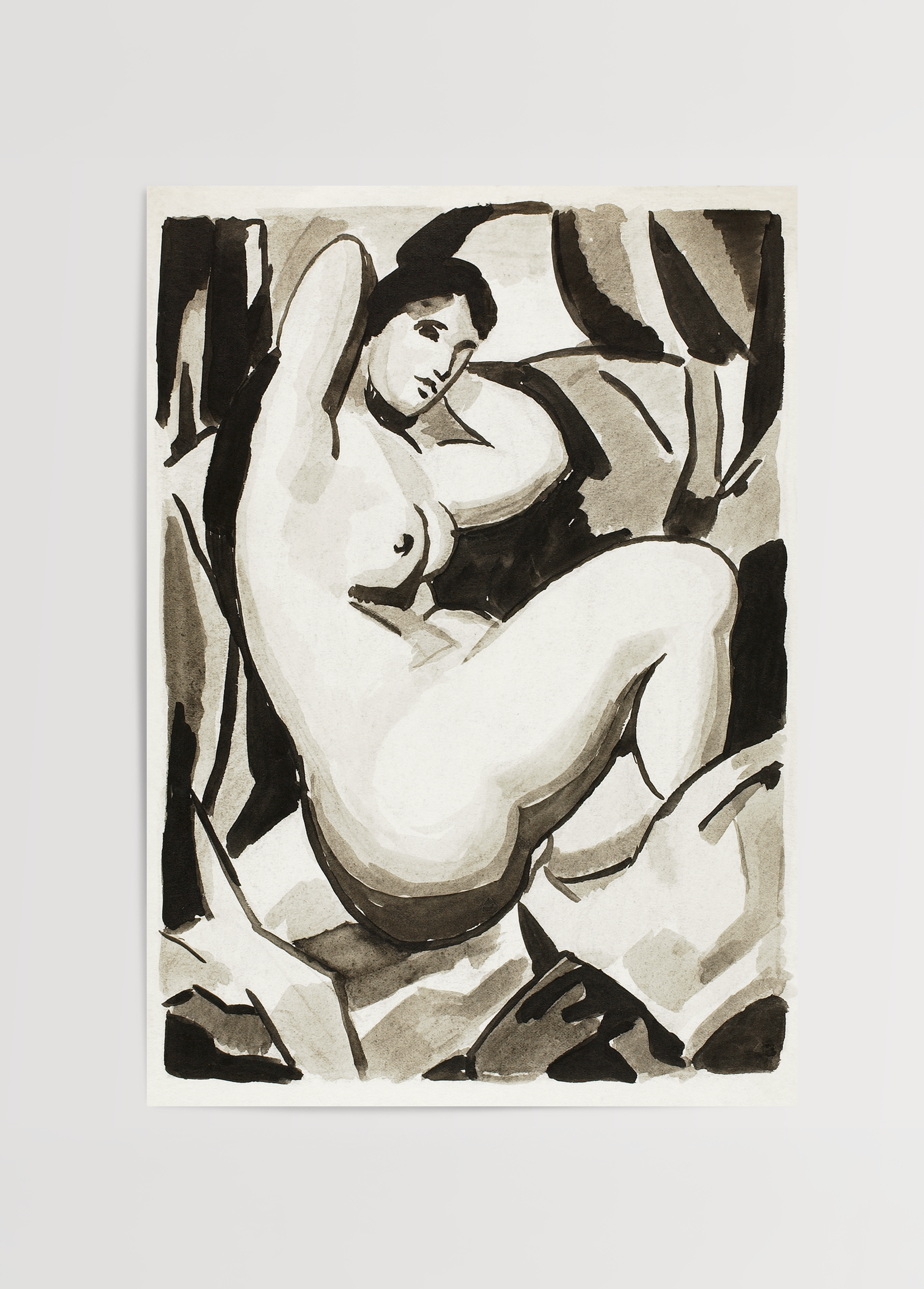 An elegant abstract sketch of a female figure in monochrome tones.