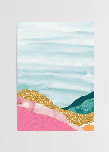 Pastel abstract landscape artwork featuring soft blue, pink, and green tones.