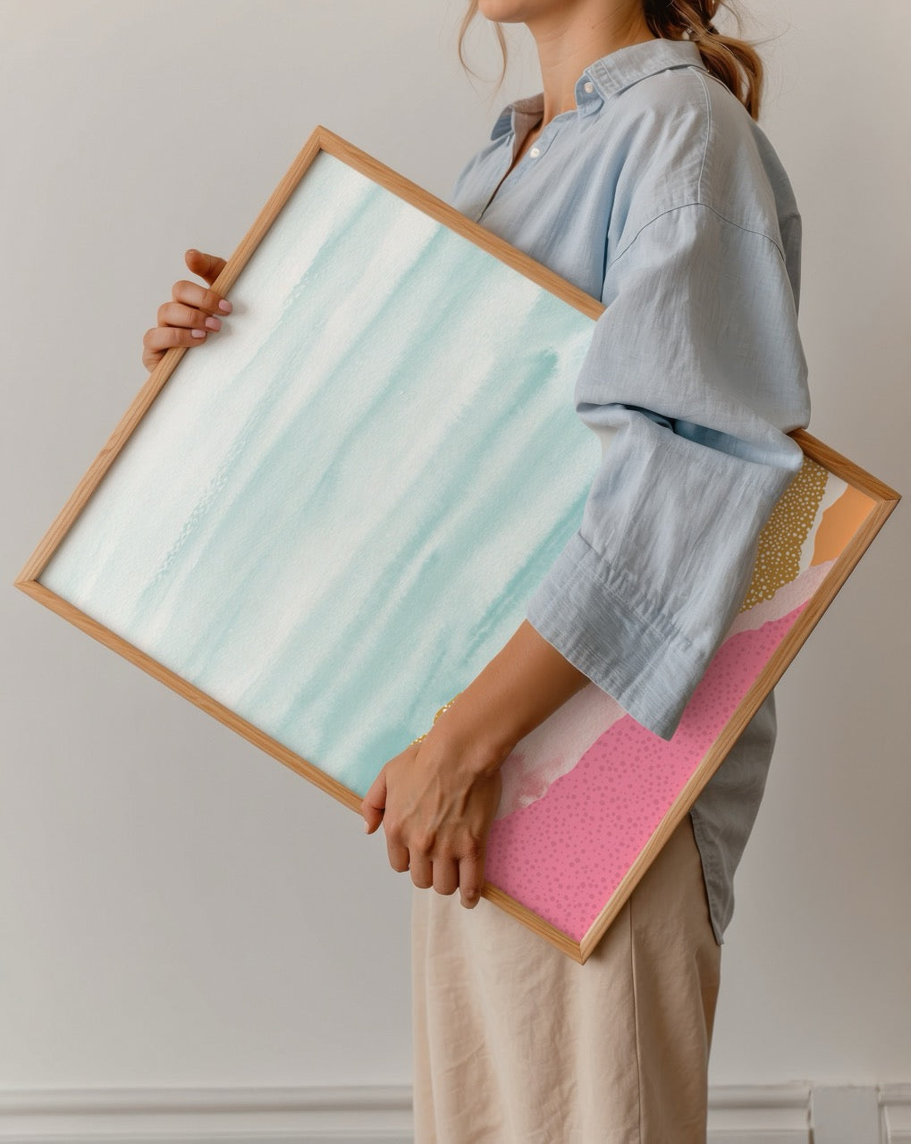 Pastel abstract landscape artwork featuring soft blue, pink, and green tones.