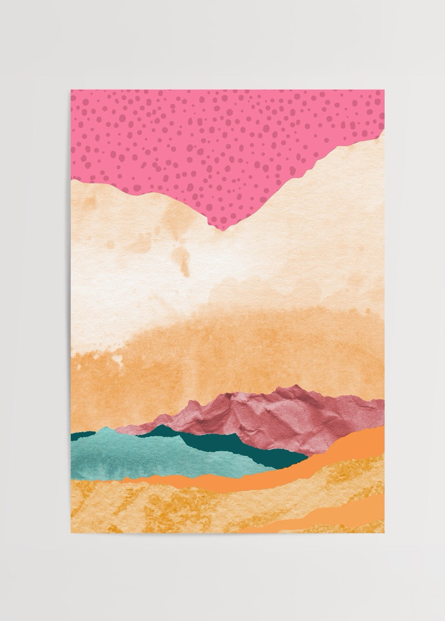 Vibrant abstract landscape artwork with bold colors and textures.