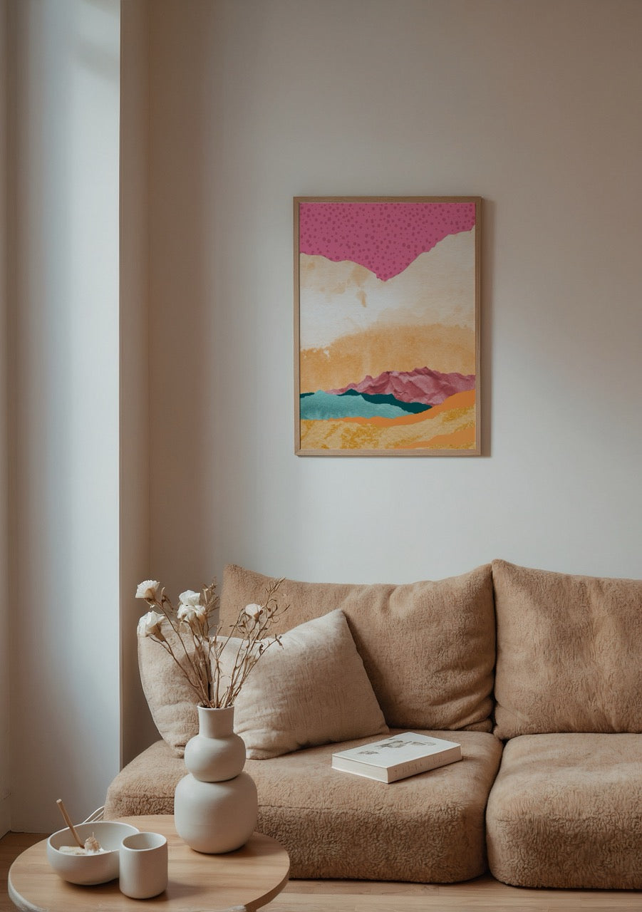 Vibrant abstract landscape artwork with bold colors and textures.