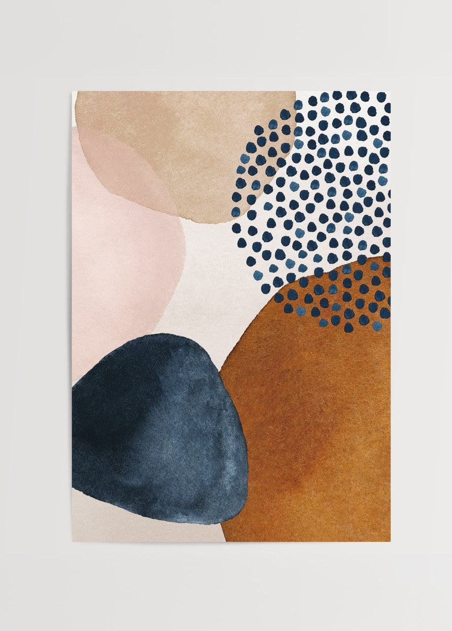 Abstract artwork featuring soft colour blocks and playful dots in warm tones.