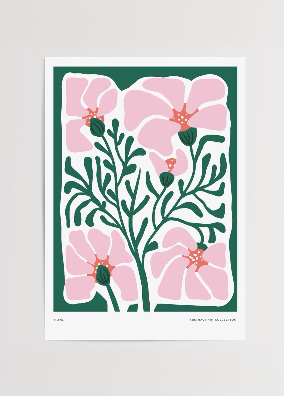 A vibrant pink floral art print with green leaves, perfect for modern interiors.