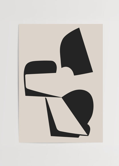Minimalist abstract artwork featuring bold black shapes on a beige background.