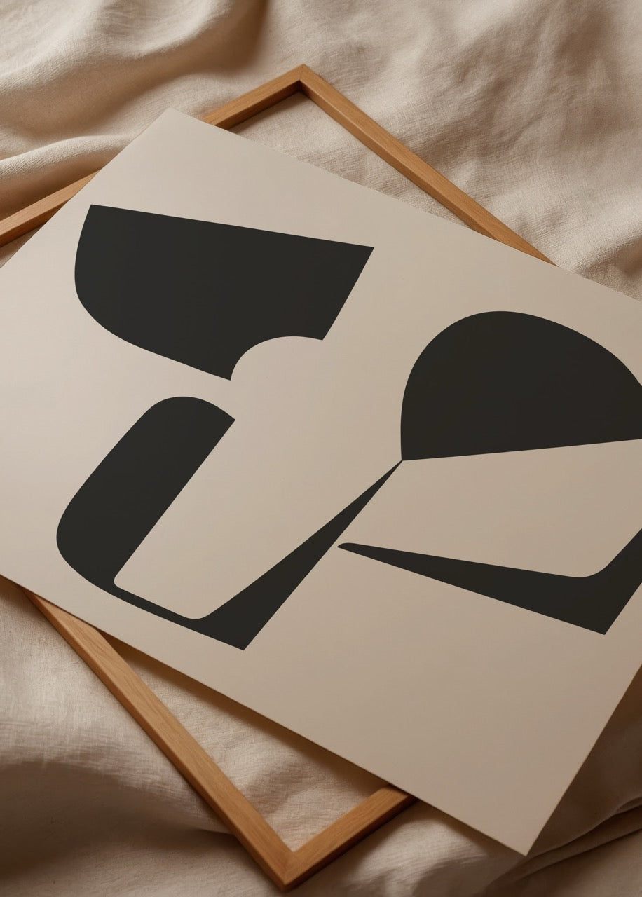 Minimalist abstract artwork featuring bold black shapes on a beige background.