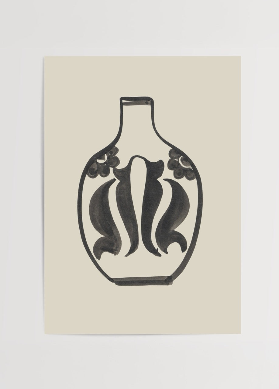 Elegant Vessel Silhouette Art Print in black on beige background.