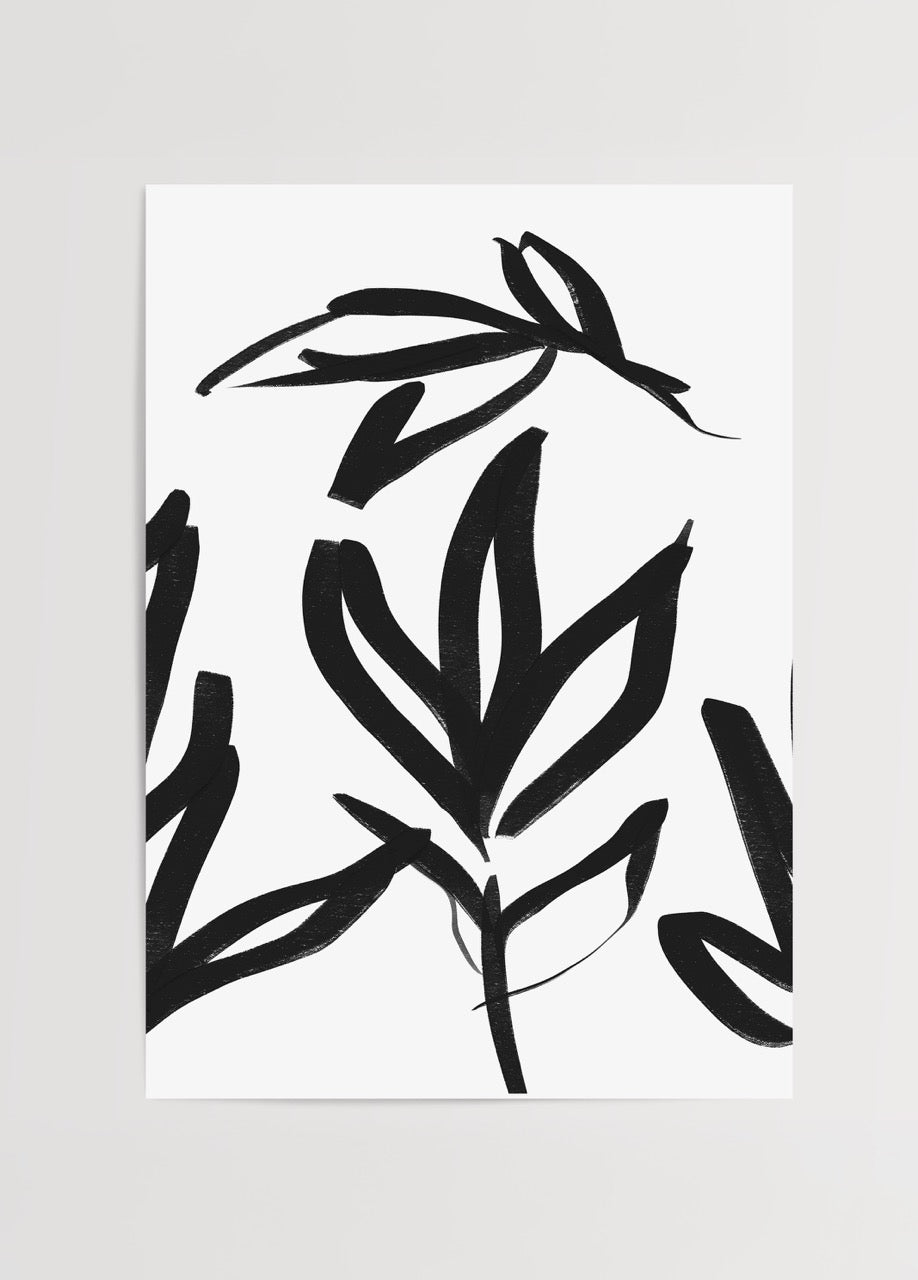Minimalist poster featuring elegant black leaf silhouettes on a white background.
