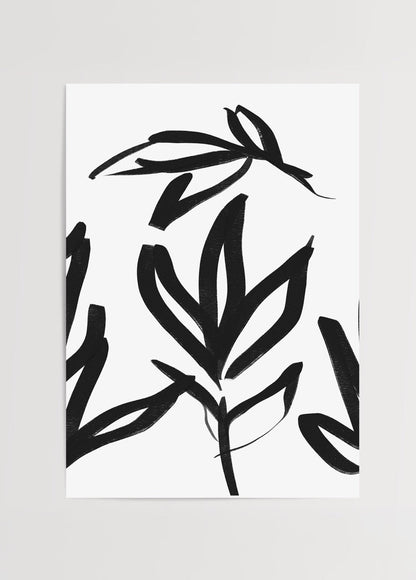 Minimalist poster featuring elegant black leaf silhouettes on a white background.