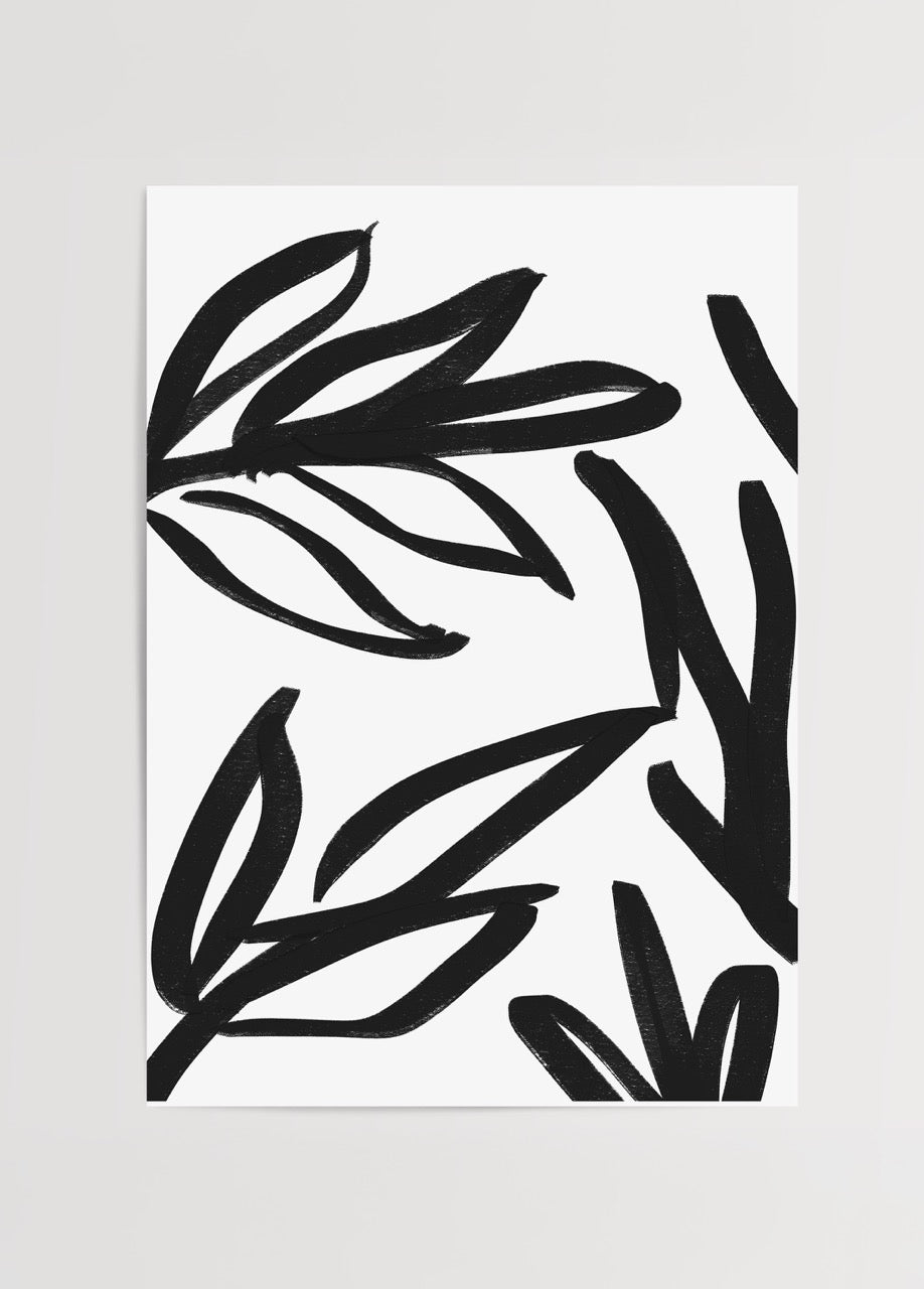 Dynamic leaf motif in bold black brushstrokes on white background.